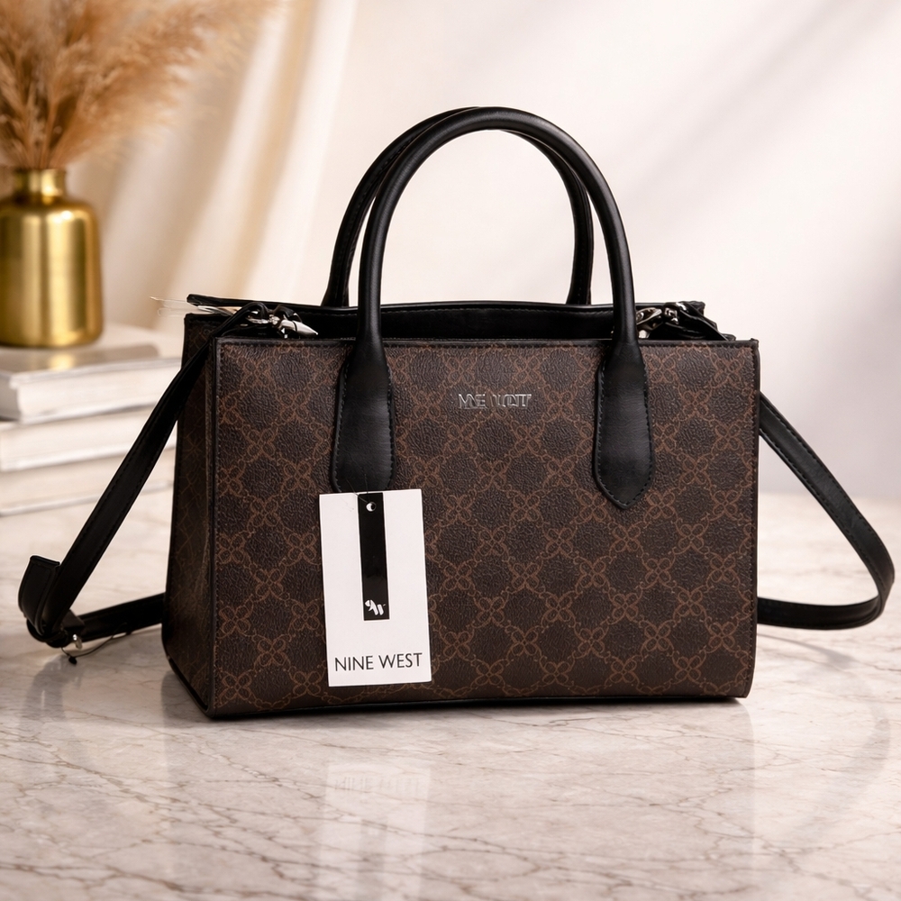 Nine West Allyce Brown Monogram Satchel Bag NWT Top Handle Crossbody In Pockets
